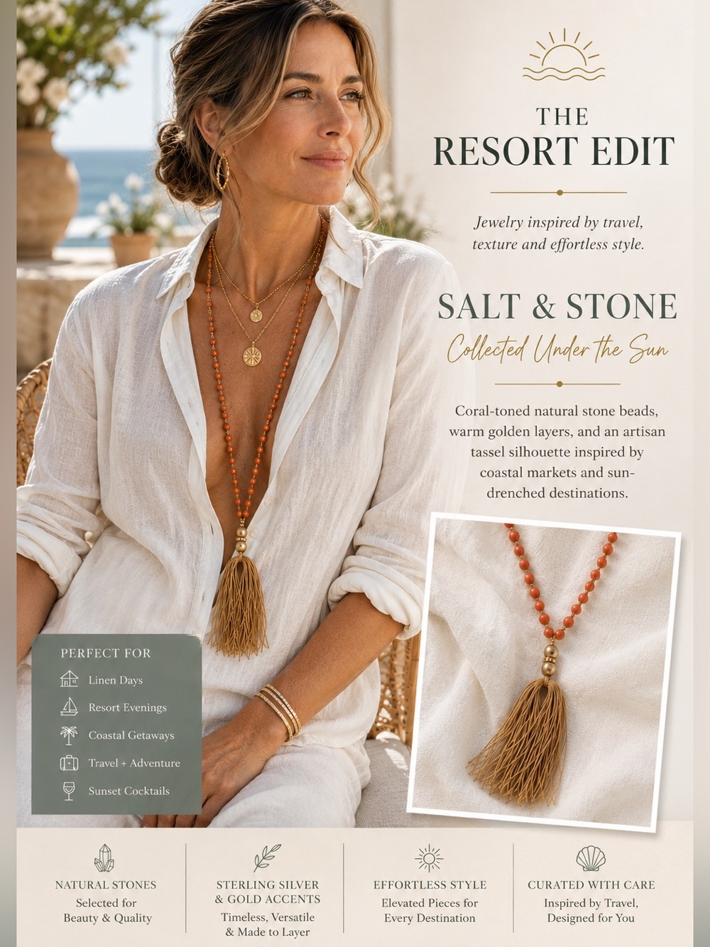 Coral-tone Tassel Necklace with Gold Accents